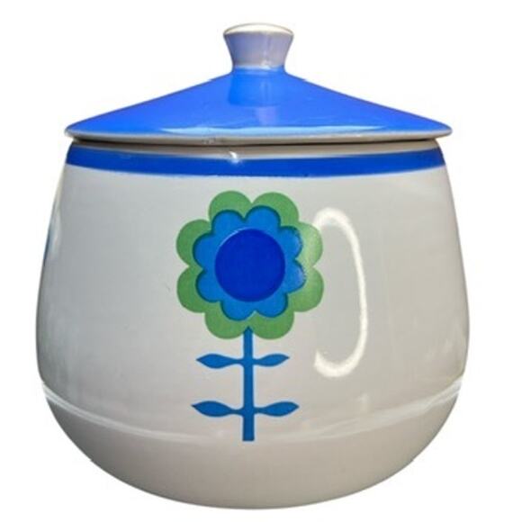 Vintage MCM Floral Decal Ceramic Sauce Pan Lid Blue White Green Cheery Mod Retro - Picture 4 of 11